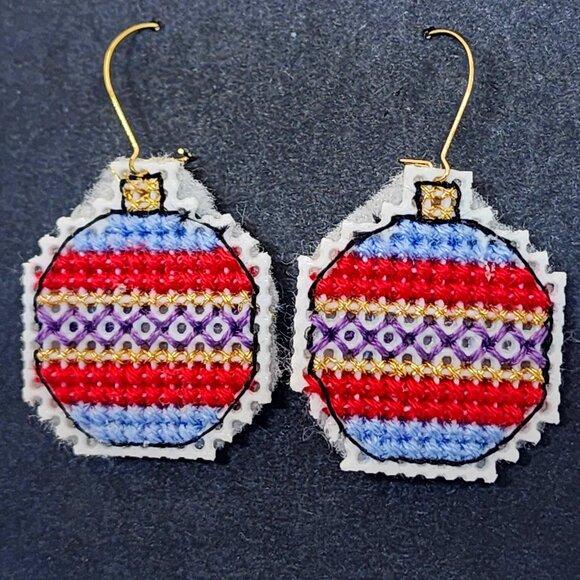 Holiday Christmas ORNAMENT BALL Cross Stitch Handmade Dangle Pierced Earrings - Picture 1 of 6